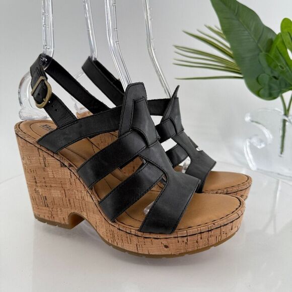Born Bernese Womens Sandal Size 10 Black Leather Wedge Heel Open Toe Retro Caged - Picture 1 of 16